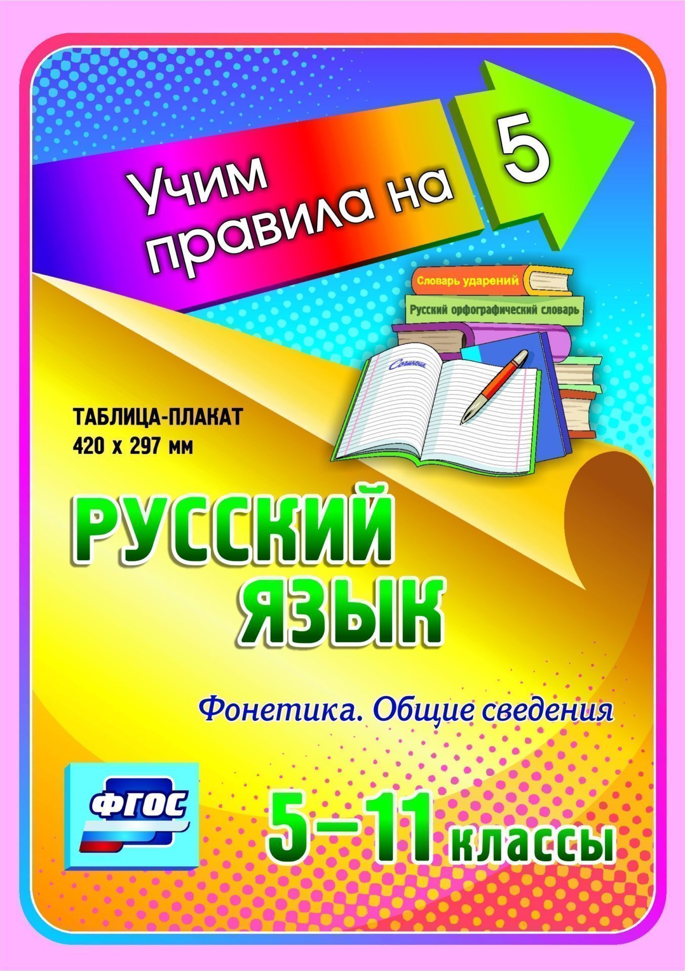 Русский язык. Фонетика. Общие сведения. 5-11 классы: Таблица-плакат 420х297 Русский язык. Фонетика. Общие сведения. 5-11 классы: Таблица-плакат 420х297Средняя школа<br>Серия наглядных плакатов Учим правила на 5 поможет обучающемуся основной и средней школы овладеть основными предметными умениями в соответствии с требованиями ФГОС, сформировать важнейшую компетенцию личности - умение учиться и стать успешным учеником.<br><br>Год: 2017<br>Серия: Учим правила на 5<br>Высота: 210<br>Ширина: 148