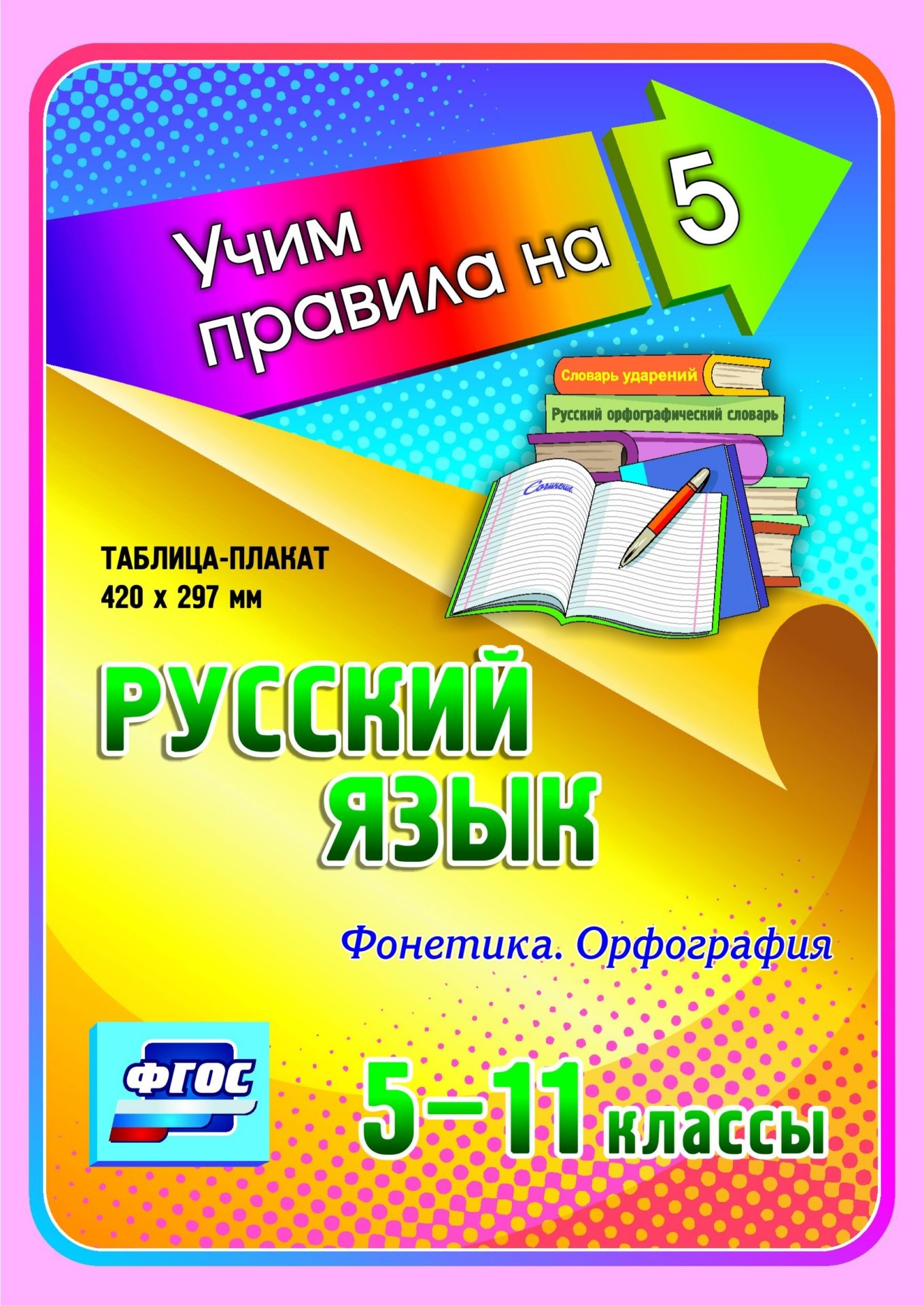 Русский язык. Фонетика. Орфография. 5-11 классы: Таблица-плакат 420х297 Русский язык. Фонетика. Орфография. 5-11 классы: Таблица-плакат 420х297Средняя школа<br>Серия наглядных плакатов Учим правила на 5 поможет обучающемуся основной и средней школы овладеть основными предметными умениями в соответствии с требованиями ФГОС, сформировать важнейшую компетенцию личности - умение учиться и стать успешным учеником.<br><br>Год: 2017<br>Серия: Учим правила на 5<br>Высота: 210<br>Ширина: 148
