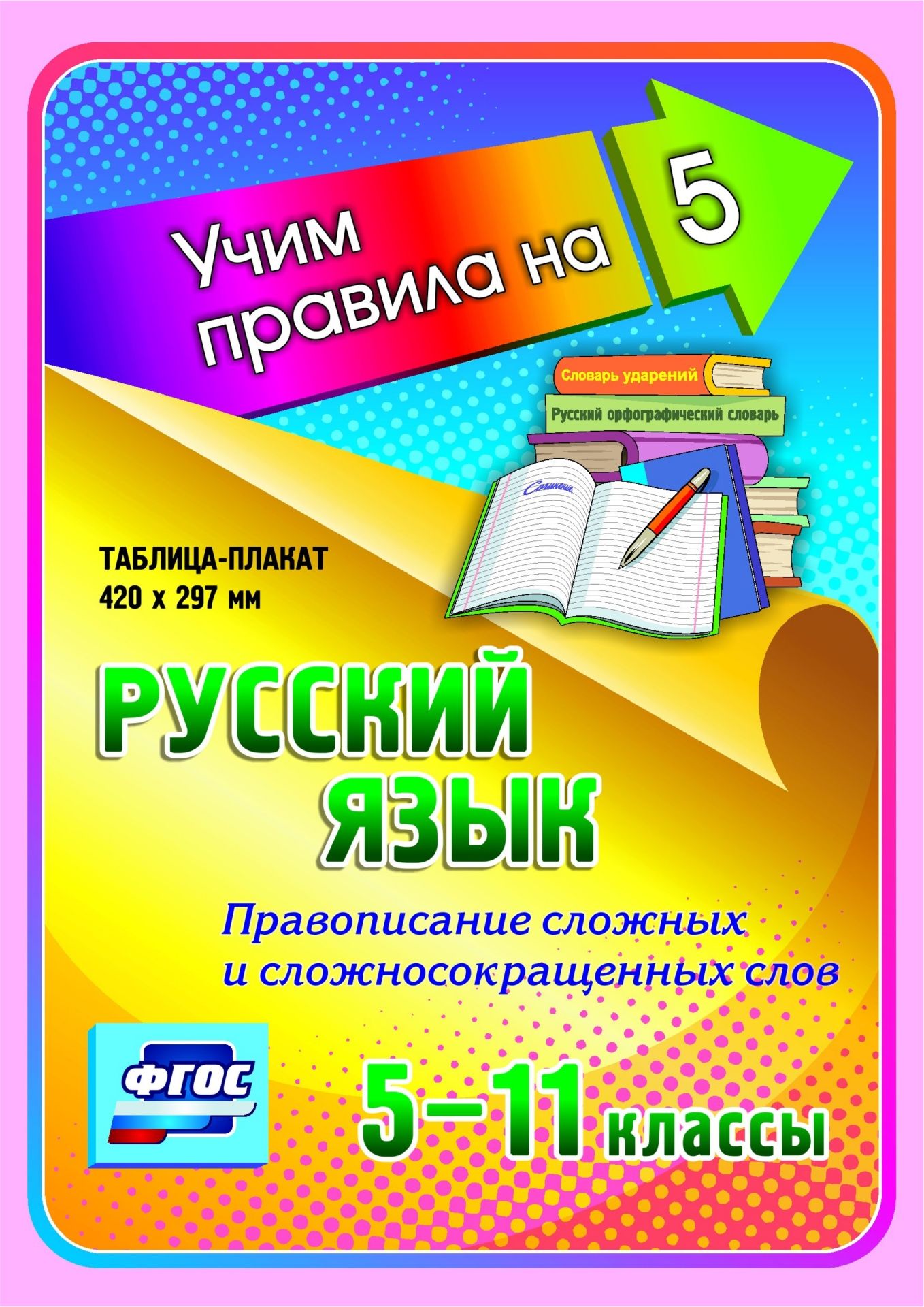 Русский язык. Правописание сложных и сложносокращенных слов. 5-11 классы: Таблица-плакат 420х297 Русский язык. Правописание сложных и сложносокращенных слов. 5-11 классы: Таблица-плакат 420х297Средняя школа<br>Серия наглядных плакатов Учим правила на 5 поможет обучающемуся основной и средней школы овладеть основными предметными умениями в соответствии с требованиями ФГОС, сформировать важнейшую компетенцию личности - умение учиться и стать успешным учеником.<br><br>Год: 2017<br>Серия: Учим правила на 5<br>Высота: 210<br>Ширина: 148