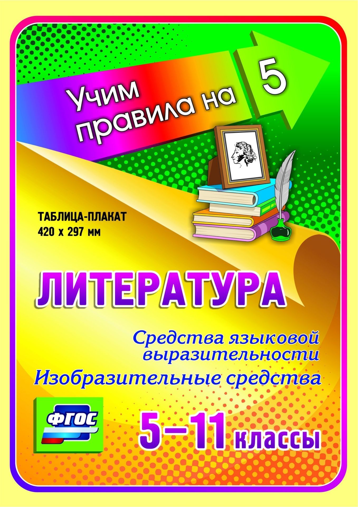 Литература. Средства языковой выразительности. Изобразительные средства. 5-11 классы: Таблица-плакат 420х297 Литература. Средства языковой выразительности. Изобразительные средства. 5-11 классы: Таблица-плакат 420х297Средняя школа<br>Серия наглядных плакатов Учим правила на 5 поможет обучающемуся основной и средней школы овладеть основными предметными умениями в соответствии с требованиями ФГОС, сформировать важнейшую компетенцию личности - умение учиться и стать успешным учеником.<br><br>Год: 2017<br>Серия: Учим правила на 5<br>Высота: 210<br>Ширина: 148