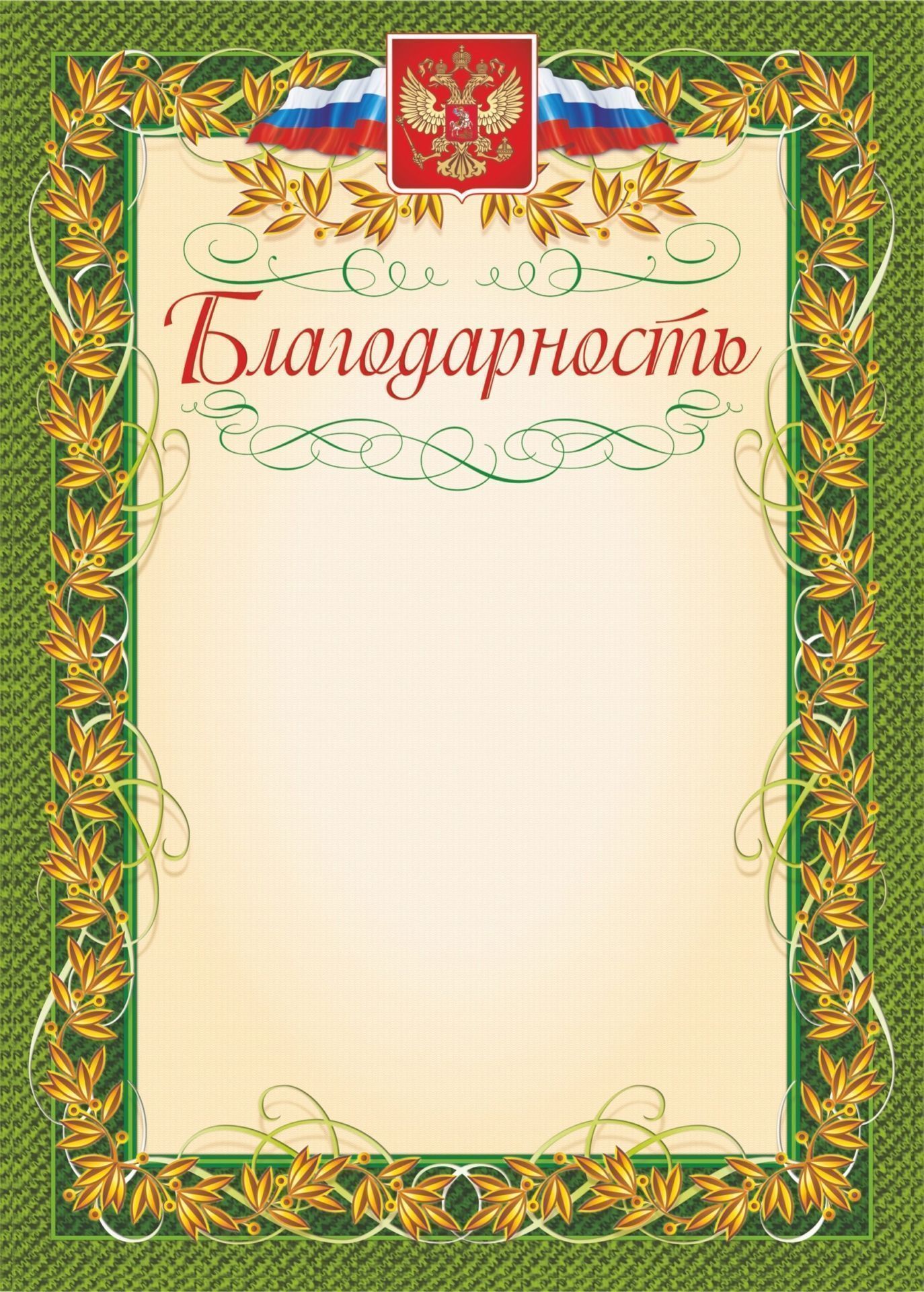 

Благодарность (с гербом и флагом, рамка лавровый лист)