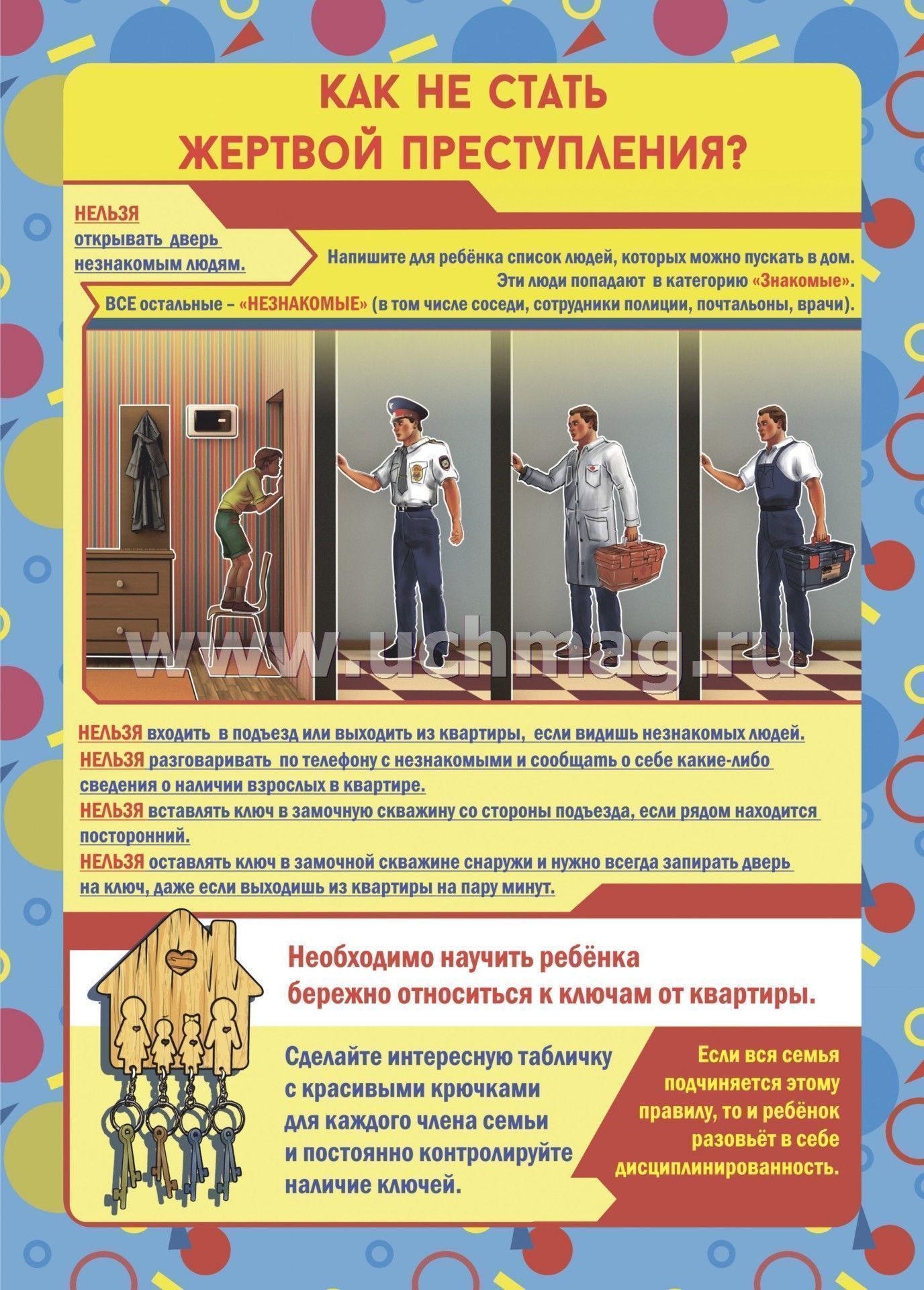 Какую информацию нельзя сообщать посторонним. Нельзя открывать дверь незнакомцам. Плакат на тему как не стать жертвой.