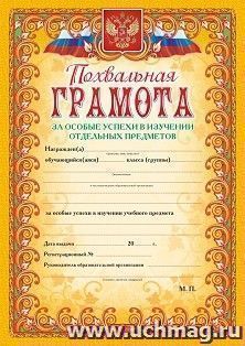 Похвальная грамота за особые успехи в изучении отдельных предметов (с гербом и флагом, текст, рамка оранжевая) — интернет-магазин УчМаг