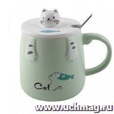 Кружка керамическая с крышкой и ложкой "Cat" — интернет-магазин УчМаг